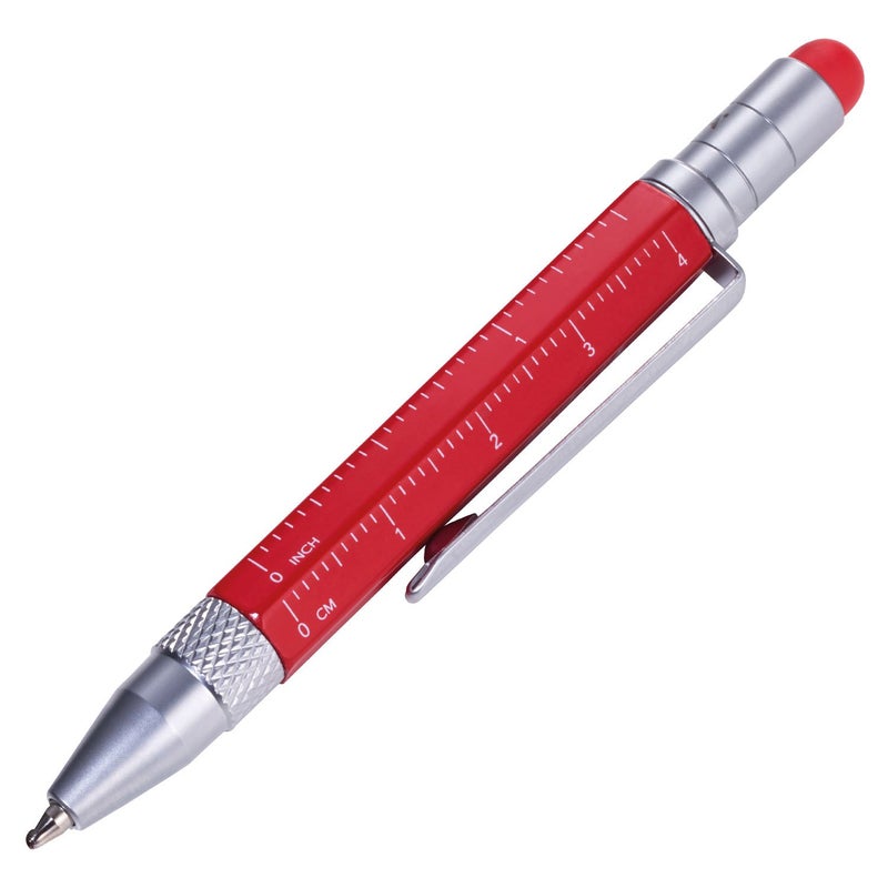 Troika Multi-Tasking Ballpoint Pen (Small), Centimeter/Inch Ruler, Slotted/Phillips Screwdriver, Stylus (Red), Black Lead, Includes 2 Refills, Aluminium/Brass/Steel, Matte, Red - Image 1